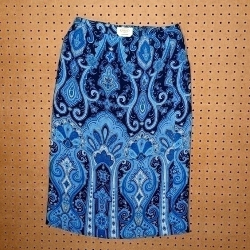 Talbots womens navy blue white paisley pure silk pencil skirt 6P EUC